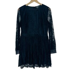 Lulus Romantic Night Black Lace Long Sleeve Skater Dress Size Medium
